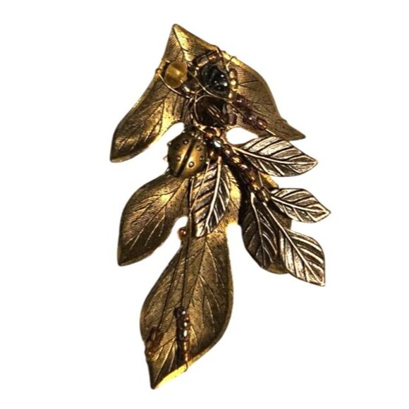 Vintage Brooch Gold-Tone Leaf W/ Ladybug & Beaded Accents Nature Approx. 3 Inch - Picture 9 of 10
